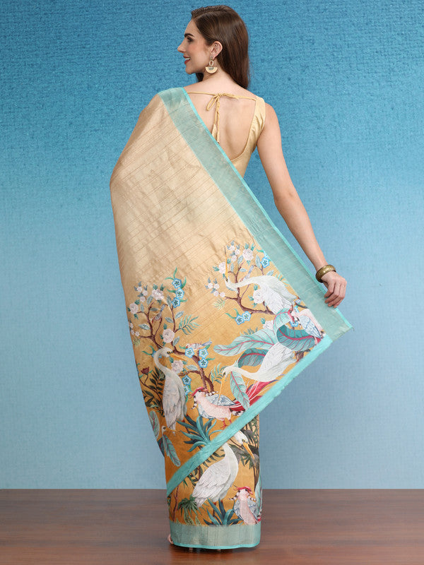 Beige Tusser Silk Digital Print Animal Print Saree with Unstitched Blouse - Hiral Fashion
