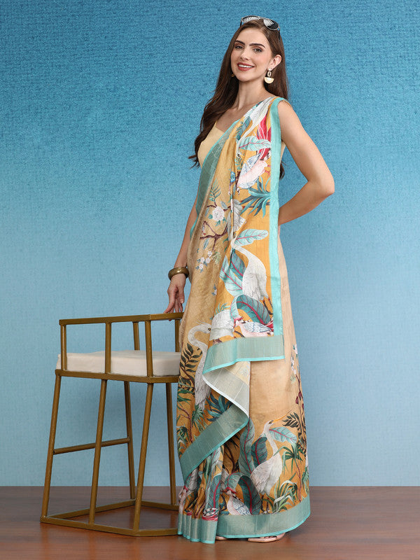Beige Tusser Silk Digital Print Animal Print Saree with Unstitched Blouse - Hiral Fashion