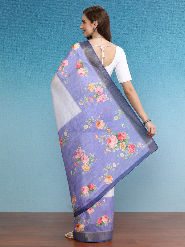 Lavender Tusser Silk Digital Print Floral Saree with Unstitched Blouse - Hiral Fashion