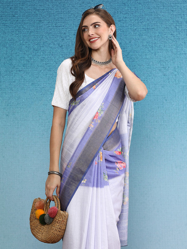 Lavender Tusser Silk Digital Print Floral Saree with Unstitched Blouse - Hiral Fashion