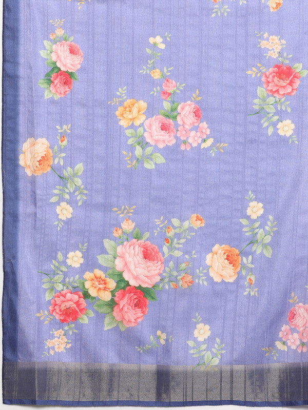 Lavender Tusser Silk Digital Print Floral Saree with Unstitched Blouse - Hiral Fashion