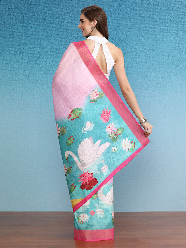 Pink Tusser Silk Digital Print Animal Print Saree with Unstitched Blouse - Hiral Fashion