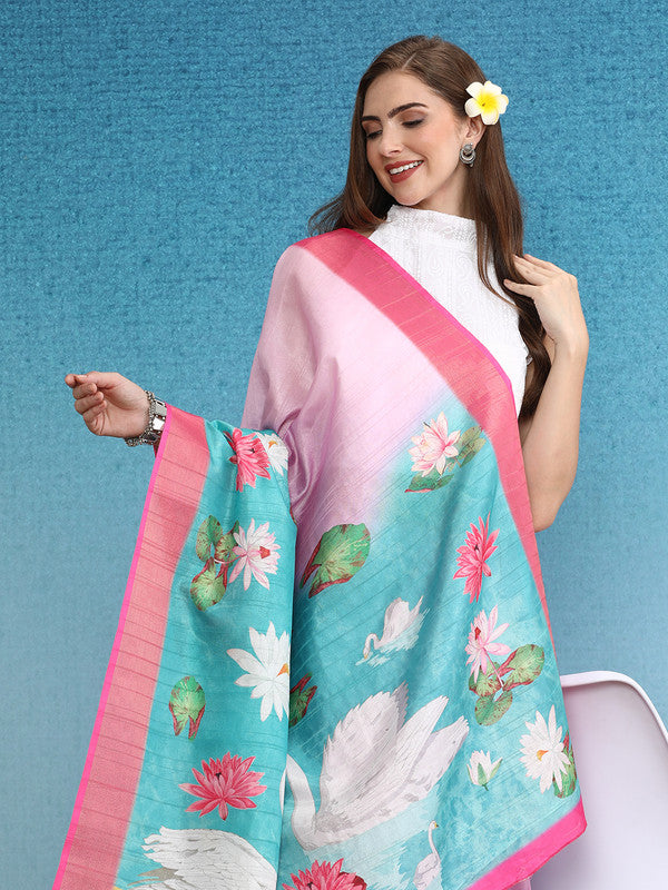 Pink Tusser Silk Digital Print Animal Print Saree with Unstitched Blouse - Hiral Fashion