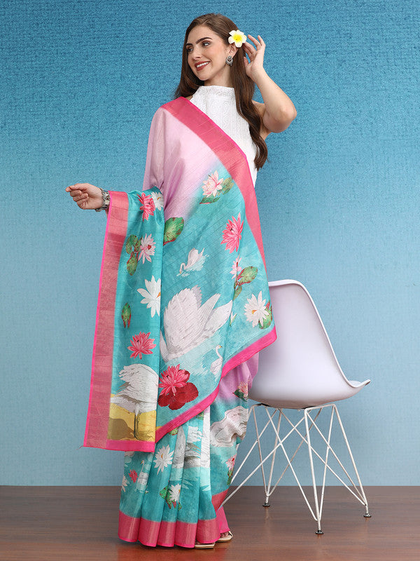Pink Tusser Silk Digital Print Animal Print Saree with Unstitched Blouse - Hiral Fashion