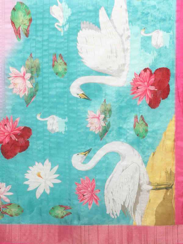 Pink Tusser Silk Digital Print Animal Print Saree with Unstitched Blouse - Hiral Fashion