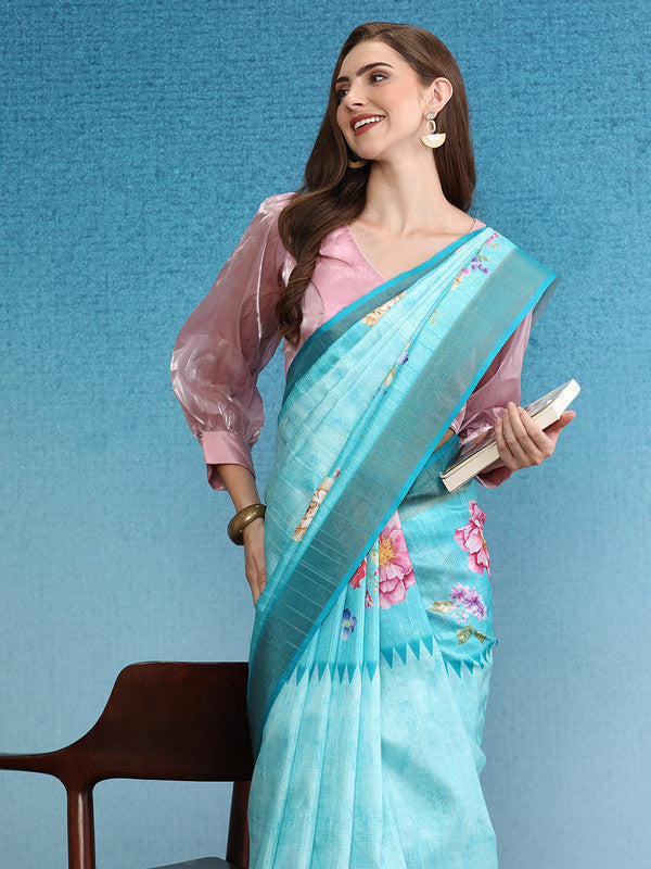 Turquoise Tusser Silk Digital Print Floral Saree with Unstitched Blouse - Hiral Fashion