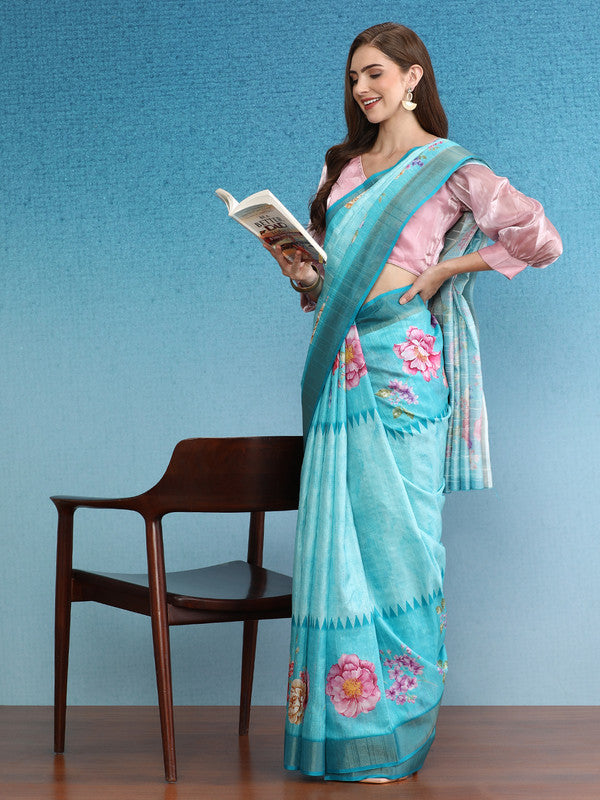 Turquoise Tusser Silk Digital Print Floral Saree with Unstitched Blouse - Hiral Fashion