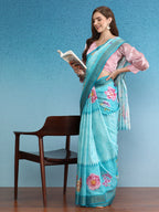 Turquoise Tusser Silk Digital Print Floral Saree with Unstitched Blouse - Hiral Fashion
