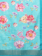 Turquoise Tusser Silk Digital Print Floral Saree with Unstitched Blouse - Hiral Fashion