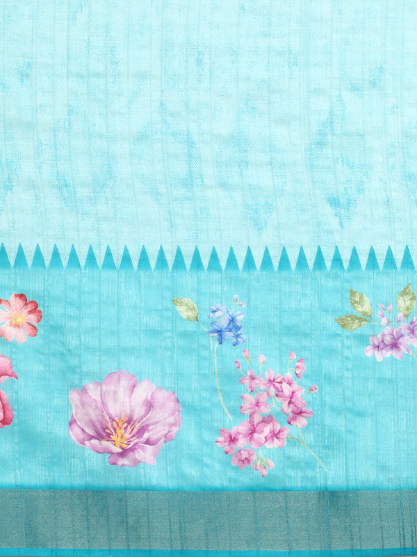 Turquoise Tusser Silk Digital Print Floral Saree with Unstitched Blouse - Hiral Fashion