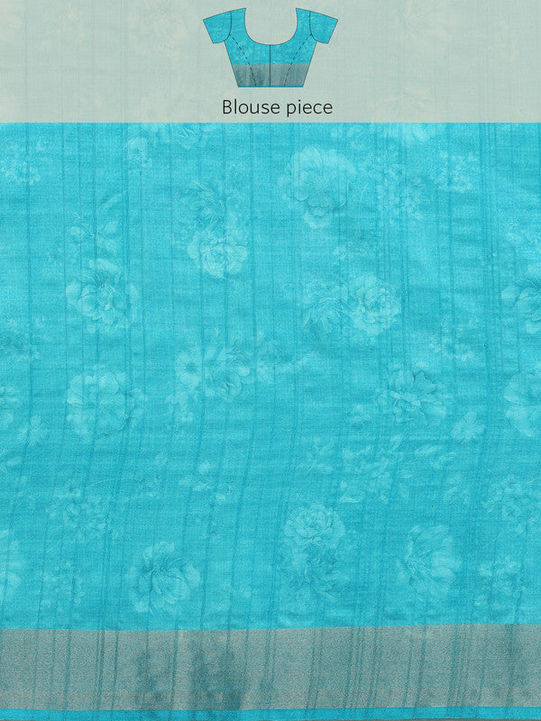 Turquoise Tusser Silk Digital Print Floral Saree with Unstitched Blouse - Hiral Fashion