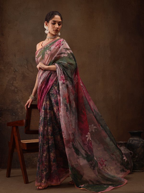 Multicolor Silk Blend Digital Print Floral Saree with Unstitched Blouse - Hiral Fashion