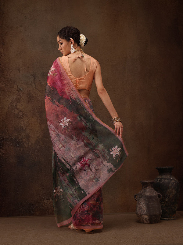 Multicolor Silk Blend Digital Print Floral Saree with Unstitched Blouse - Hiral Fashion