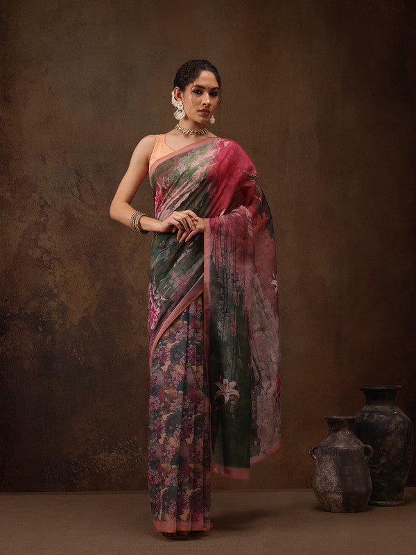 Multicolor Silk Blend Digital Print Floral Saree with Unstitched Blouse - Hiral Fashion