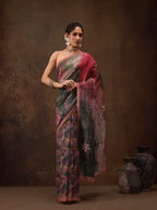 Multicolor Silk Blend Digital Print Floral Saree with Unstitched Blouse - Hiral Fashion
