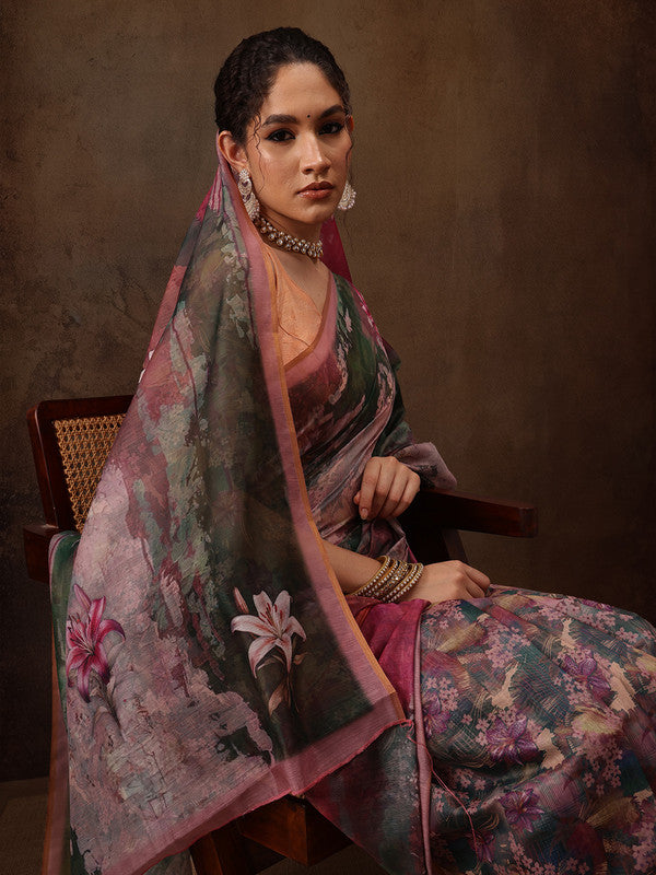 Multicolor Silk Blend Digital Print Floral Saree with Unstitched Blouse - Hiral Fashion