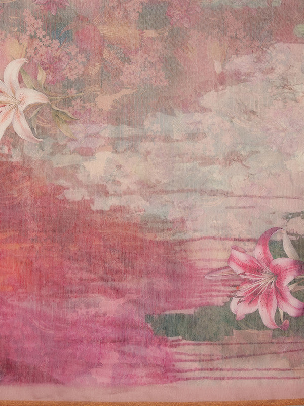 Multicolor Silk Blend Digital Print Floral Saree with Unstitched Blouse - Hiral Fashion