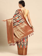 Beige Kanchipuram Silk Digital Print Abstract Saree with Unstitched Blouse - Hiral Fashion