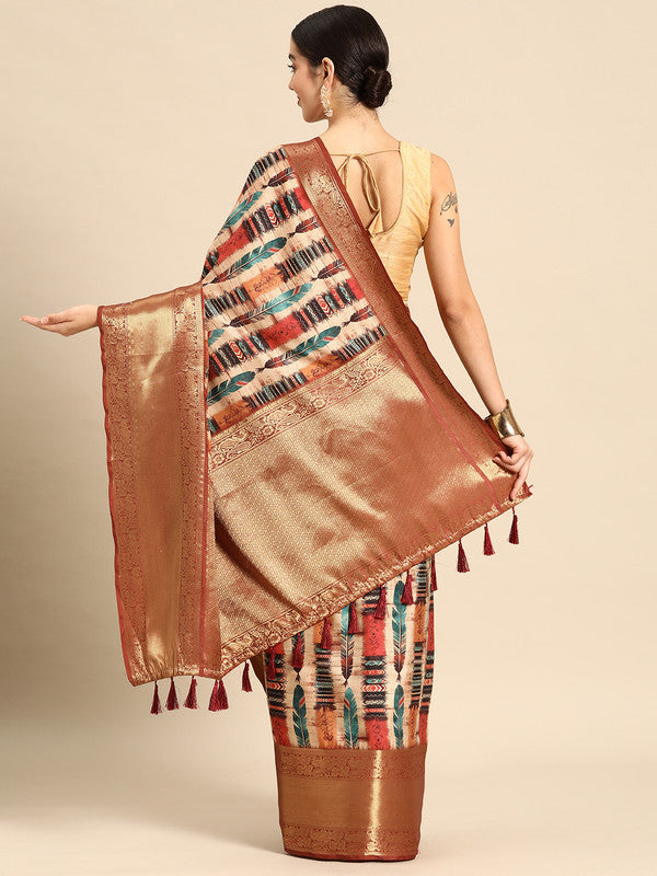 Beige Kanchipuram Silk Digital Print Abstract Saree with Unstitched Blouse - Hiral Fashion