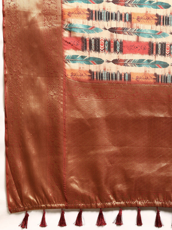 Beige Kanchipuram Silk Digital Print Abstract Saree with Unstitched Blouse - Hiral Fashion