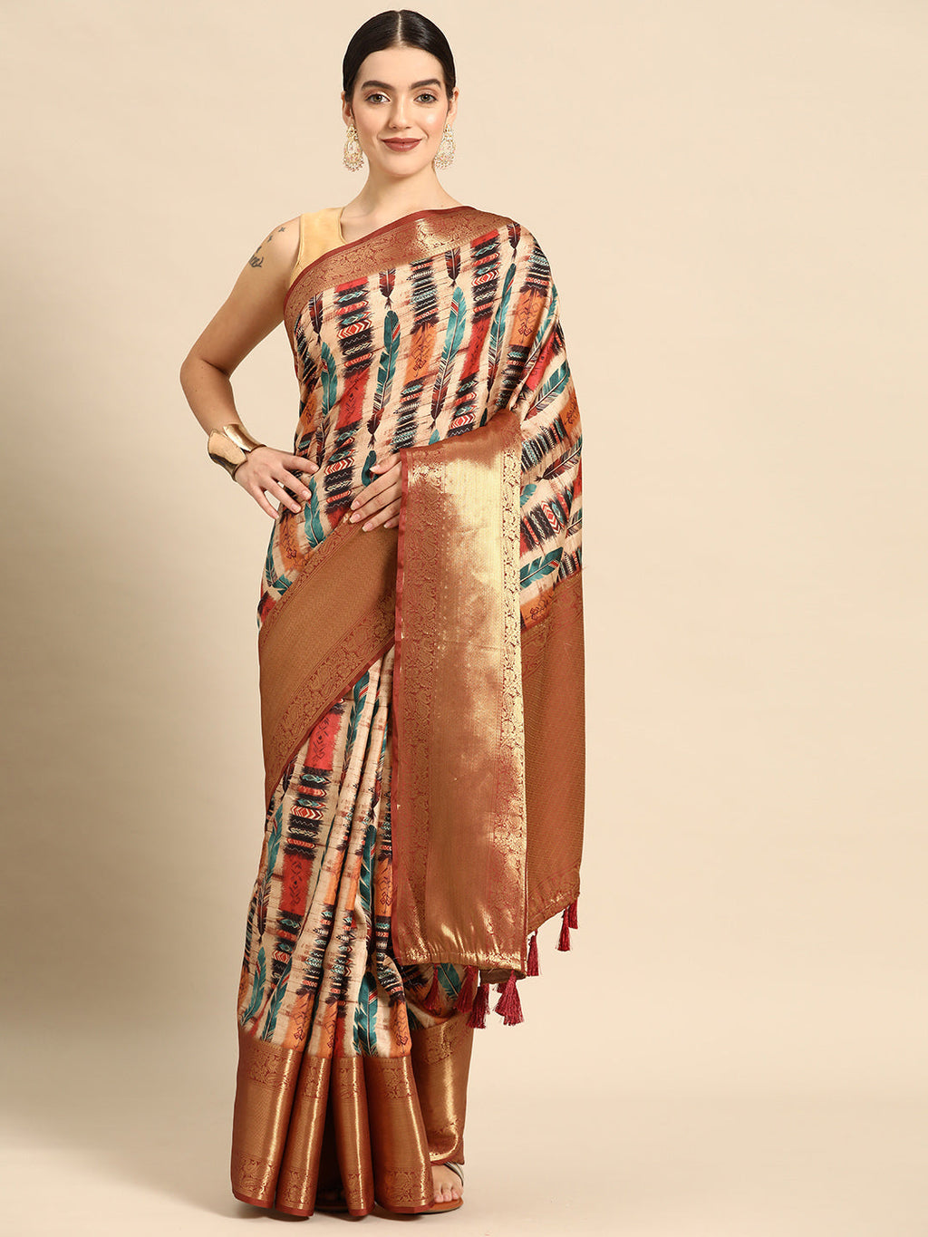 Beige Kanchipuram Silk Digital Print Abstract Saree with Unstitched Blouse - Hiral Fashion