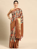 Beige Kanchipuram Silk Digital Print Abstract Saree with Unstitched Blouse - Hiral Fashion