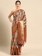 Beige Kanchipuram Silk Digital Print Abstract Saree with Unstitched Blouse - Hiral Fashion