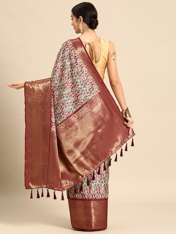 Off White Kanchipuram Silk Digital Print Paisely Saree with Unstitched Blouse - Hiral Fashion