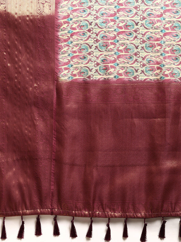 Off White Kanchipuram Silk Digital Print Paisely Saree with Unstitched Blouse - Hiral Fashion