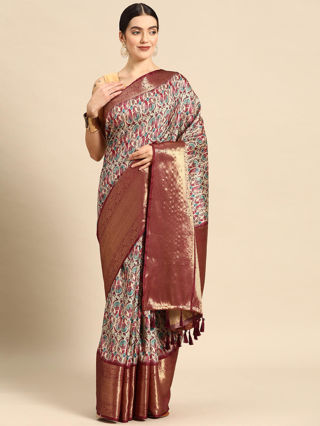 Off White Kanchipuram Silk Digital Print Paisely Saree with Unstitched Blouse - Hiral Fashion