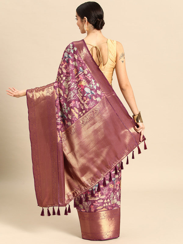 Purple Kanchipuram Silk Digital Print Floral Saree with Unstitched Blouse - Hiral Fashion