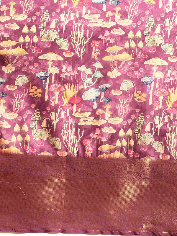 Purple Kanchipuram Silk Digital Print Floral Saree with Unstitched Blouse - Hiral Fashion