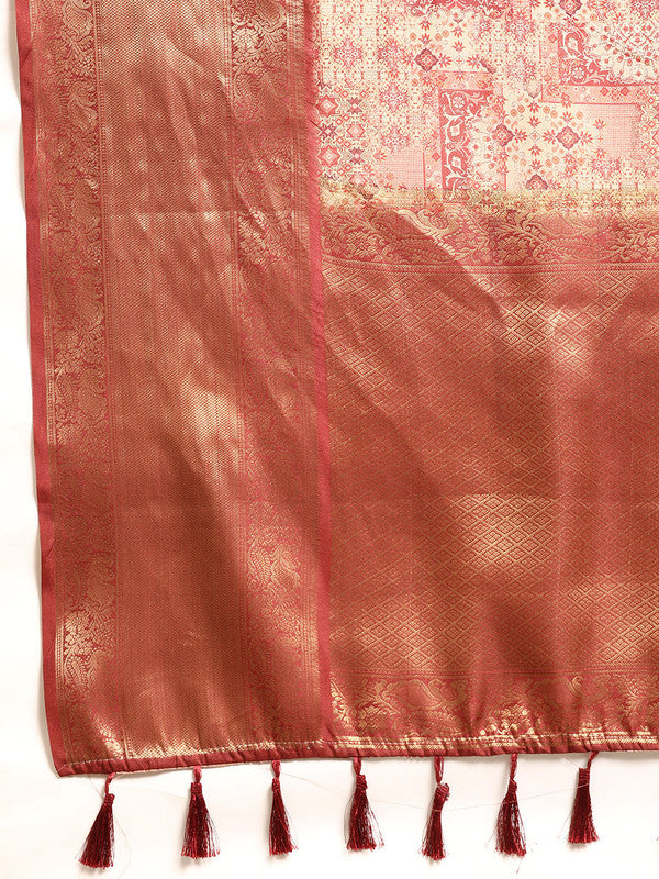 Maroon Kanchipuram Silk Digital Print Abstract Saree with Unstitched Blouse - Hiral Fashion