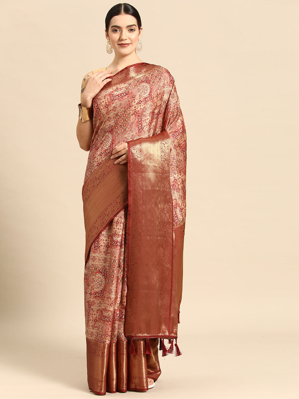 Maroon Kanchipuram Silk Digital Print Abstract Saree with Unstitched Blouse - Hiral Fashion