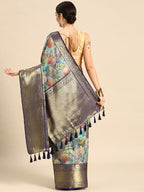Blue Kanchipuram Silk Digital Print Floral Saree with Unstitched Blouse - Hiral Fashion