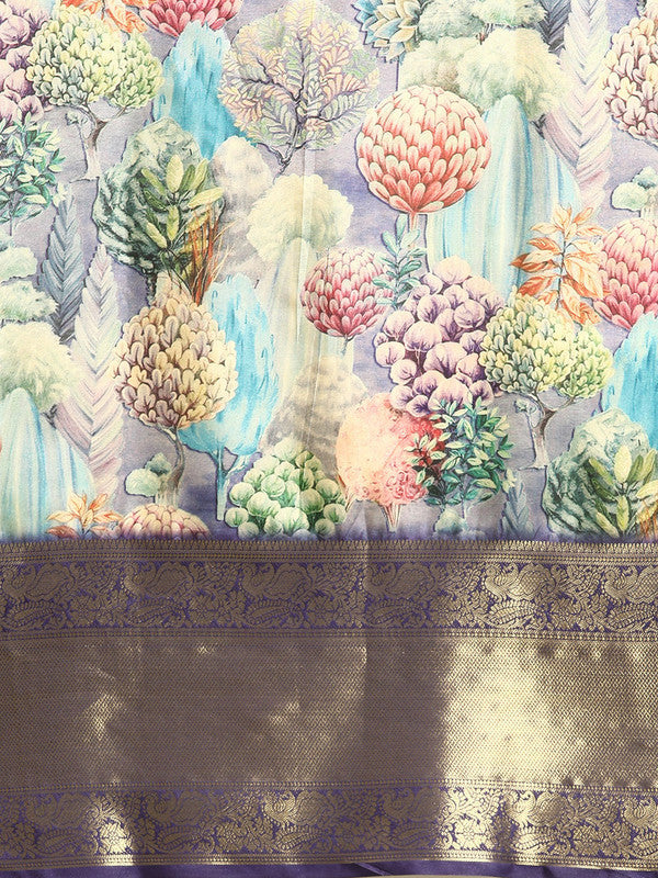 Blue Kanchipuram Silk Digital Print Floral Saree with Unstitched Blouse - Hiral Fashion