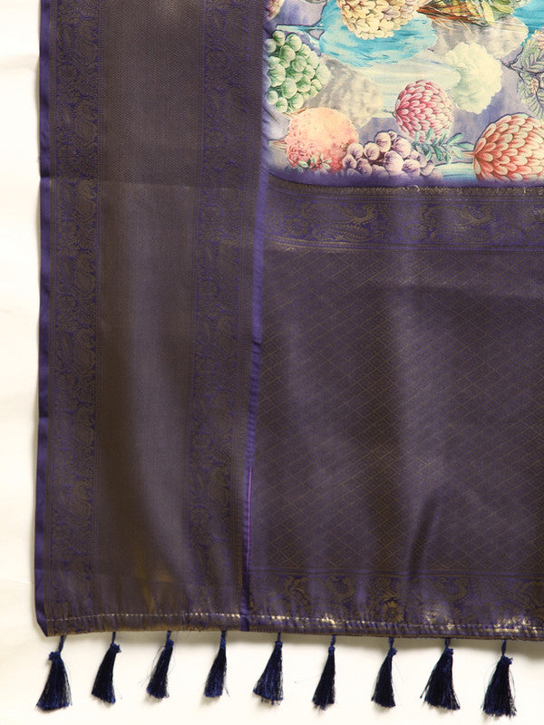 Blue Kanchipuram Silk Digital Print Floral Saree with Unstitched Blouse - Hiral Fashion