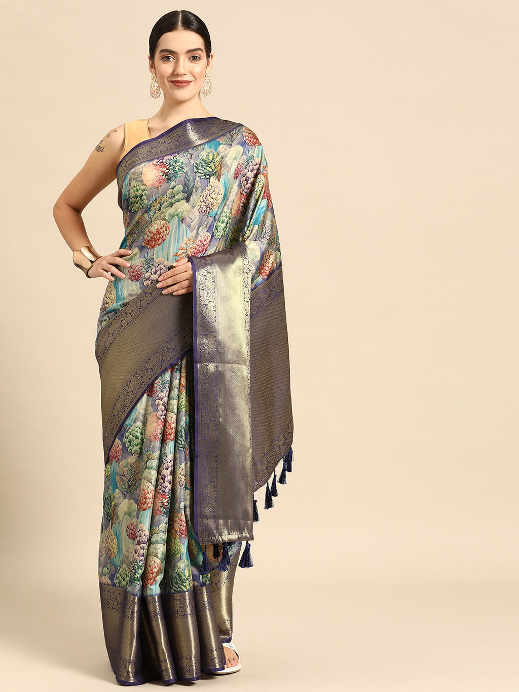 Blue Kanchipuram Silk Digital Print Floral Saree with Unstitched Blouse - Hiral Fashion