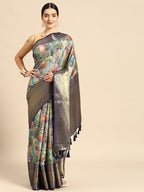 Blue Kanchipuram Silk Digital Print Floral Saree with Unstitched Blouse - Hiral Fashion