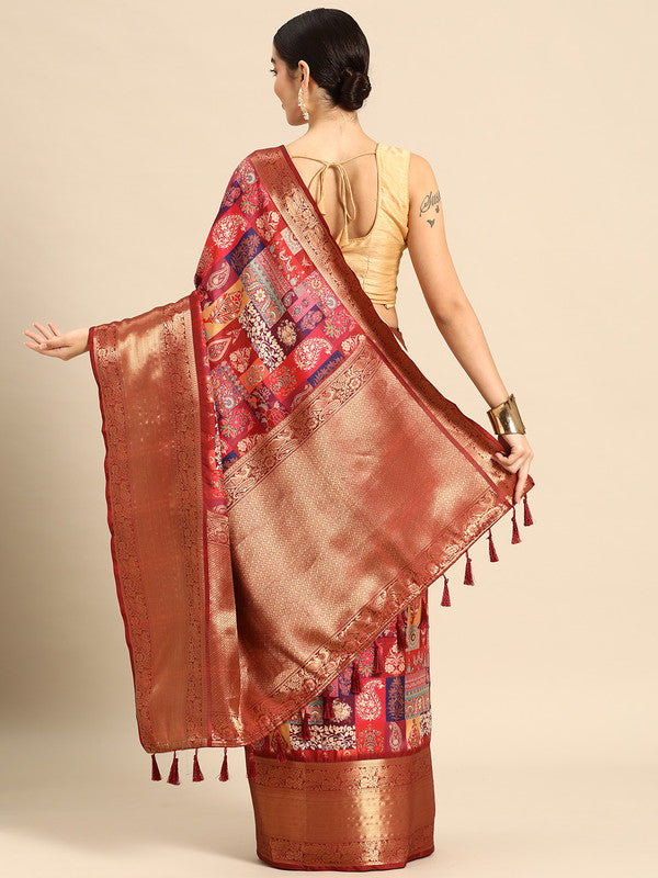 Multicolor Kanchipuram Silk Digital Print Paisely Saree with Unstitched Blouse - Hiral Fashion