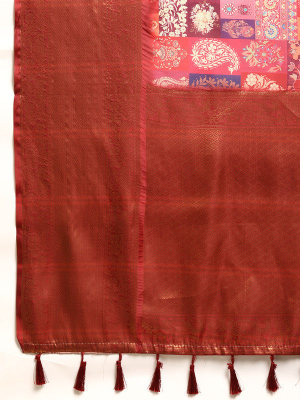 Multicolor Kanchipuram Silk Digital Print Paisely Saree with Unstitched Blouse - Hiral Fashion
