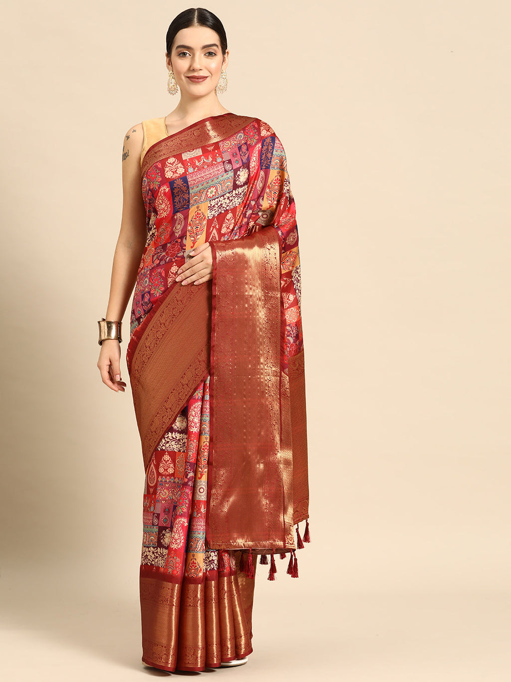 Multicolor Kanchipuram Silk Digital Print Paisely Saree with Unstitched Blouse - Hiral Fashion