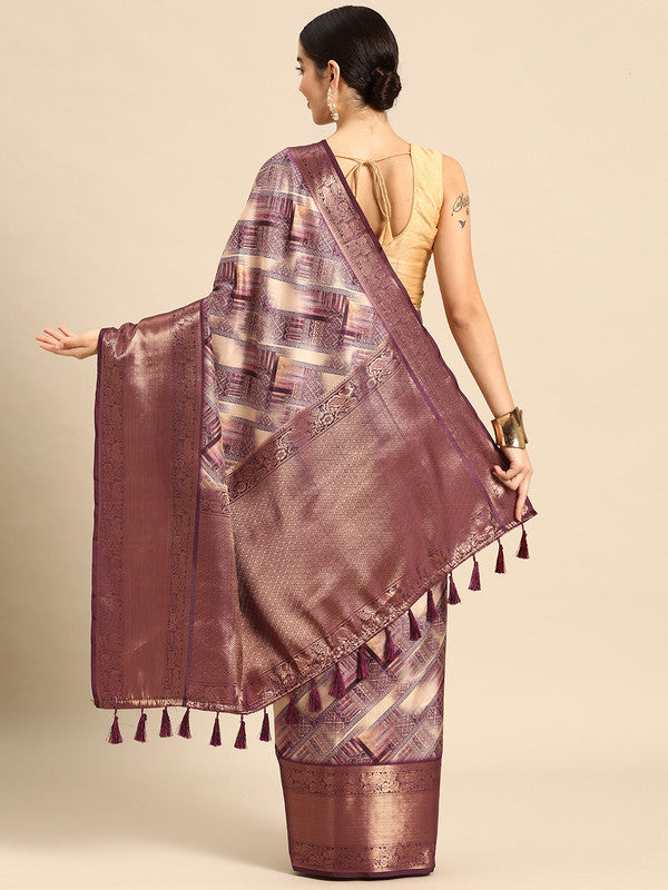Beige Kanchipuram Silk Digital Print Geomatric Saree with Unstitched Blouse - Hiral Fashion