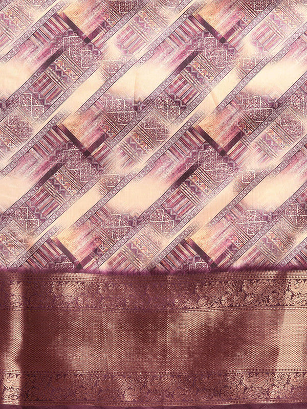 Beige Kanchipuram Silk Digital Print Geomatric Saree with Unstitched Blouse - Hiral Fashion