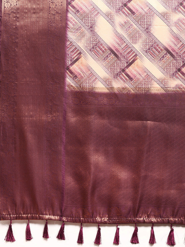 Beige Kanchipuram Silk Digital Print Geomatric Saree with Unstitched Blouse - Hiral Fashion