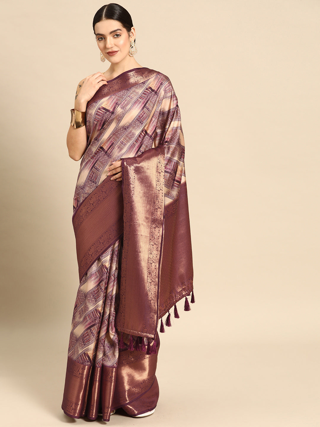 Beige Kanchipuram Silk Digital Print Geomatric Saree with Unstitched Blouse - Hiral Fashion