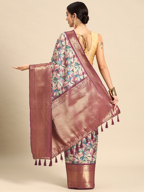 Multicolor Kanchipuram Silk Digital Print Floral Saree with Unstitched Blouse - Hiral Fashion