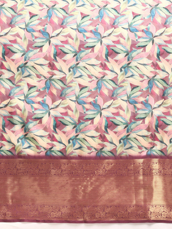 Multicolor Kanchipuram Silk Digital Print Floral Saree with Unstitched Blouse - Hiral Fashion
