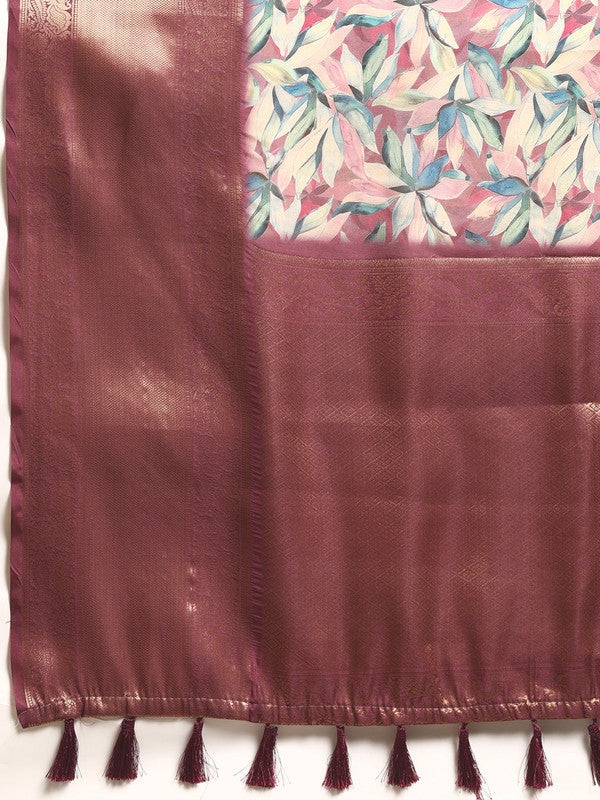Multicolor Kanchipuram Silk Digital Print Floral Saree with Unstitched Blouse - Hiral Fashion