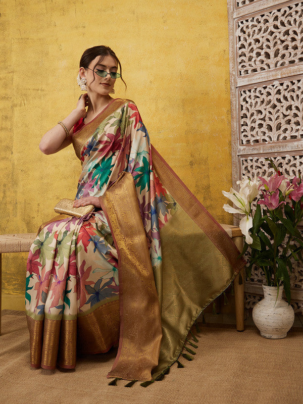 Beige Kanjeevaram Silk Digital Print Floral Saree with Unstitched Blouse - Hiral Fashion